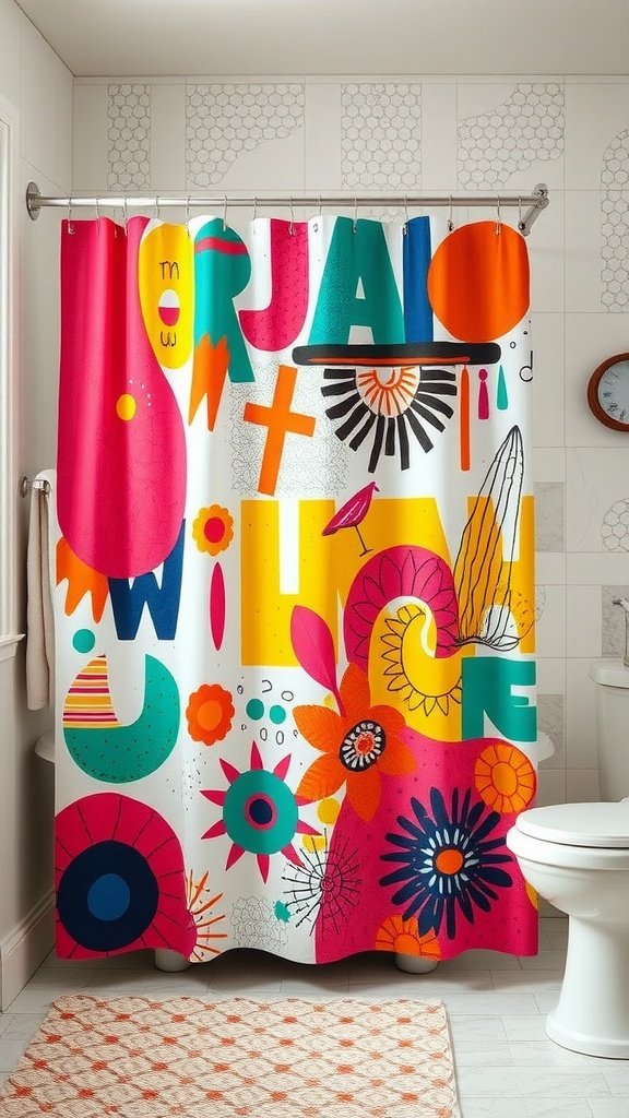 A colorful and artistic shower curtain featuring bold patterns and bright colors in a bathroom setting.