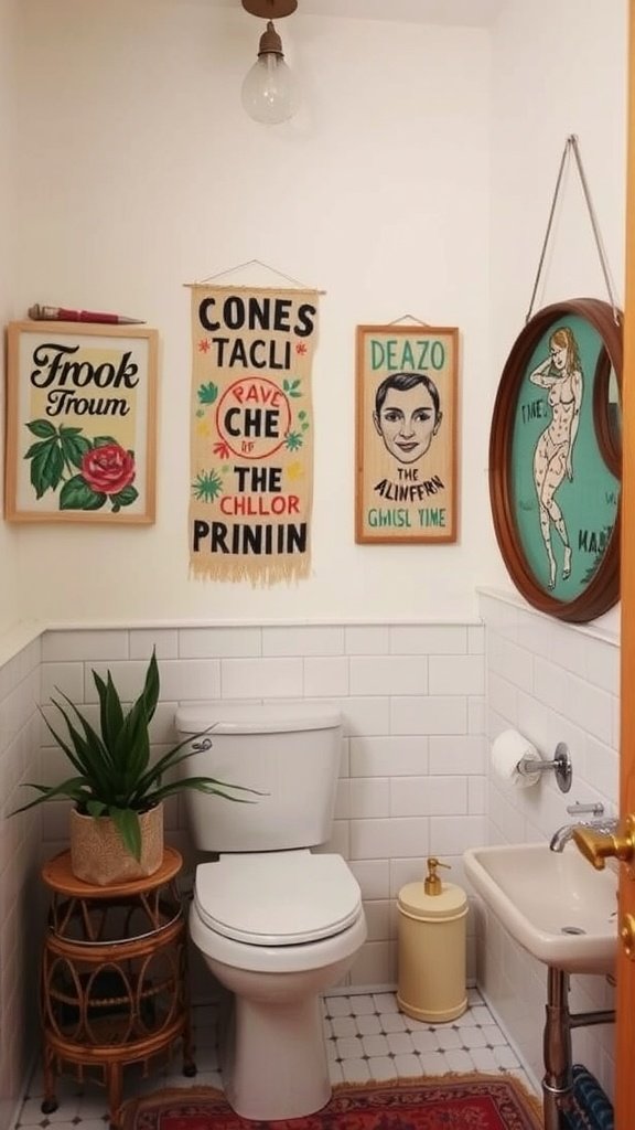 A boho bathroom featuring colorful artwork on the walls, a potted plant, and a cozy, inviting atmosphere.