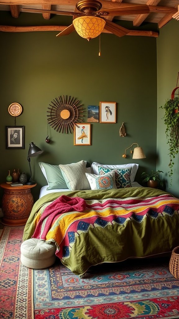 Cozy bohemian bedroom with olive green walls, colorful bedding, and eclectic decor.