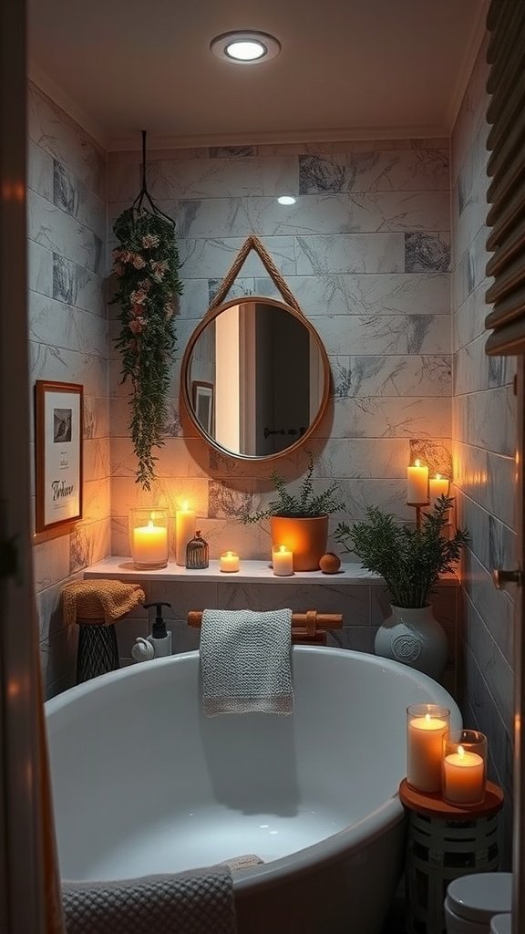 A cozy bathroom with candles and soft lighting creating a warm atmosphere.