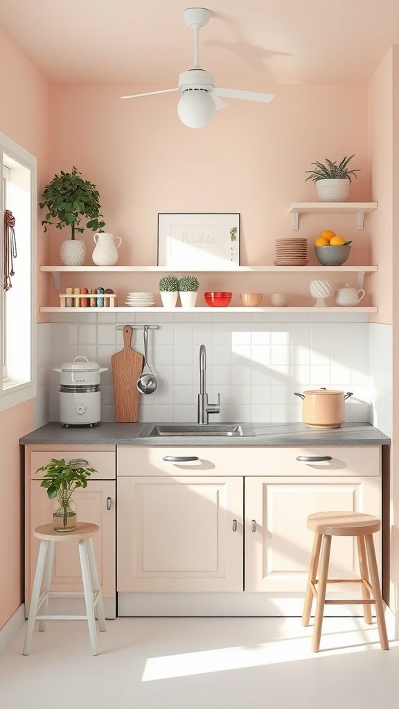 A cozy cottage kitchen with peach walls, light wood furniture, and open shelving displaying plants and colorful dishes.