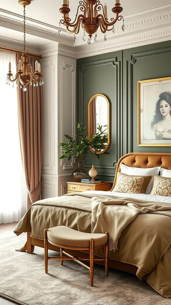 A stylish bedroom featuring olive green walls, gold accents, and elegant furniture.
