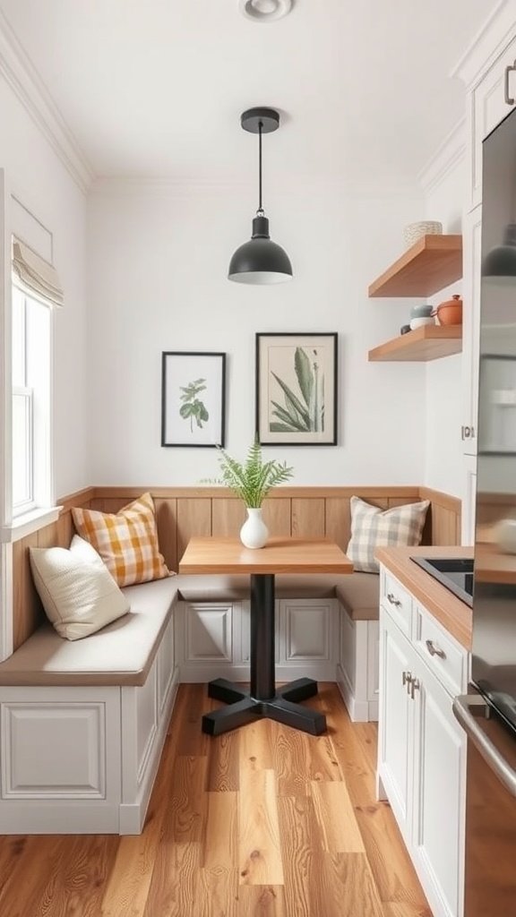 A cozy built-in seating area in a small kitchen with a round table, light-colored cushions, and natural wood accents.