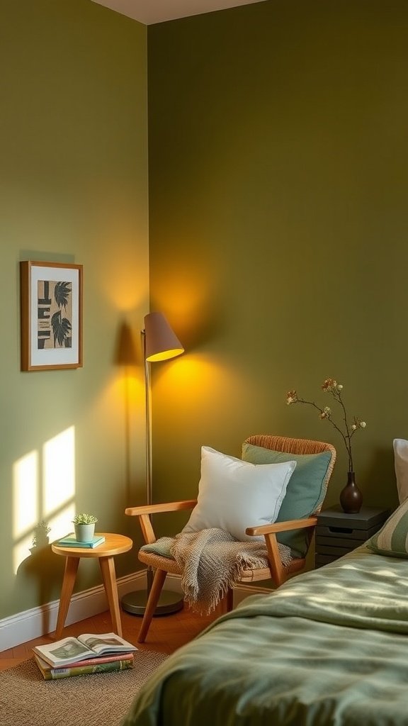 Cozy reading nook with olive green walls, a comfortable chair, a side table with books, and a warm lamp