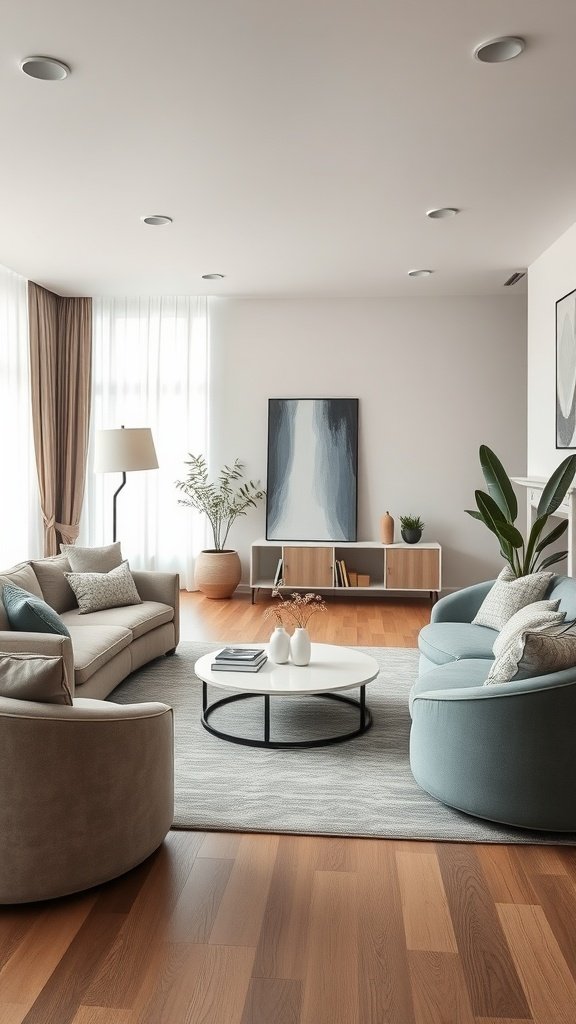 A modern living room with rounded furniture including a sofa and chairs, a round coffee table, and natural light streaming through large windows.