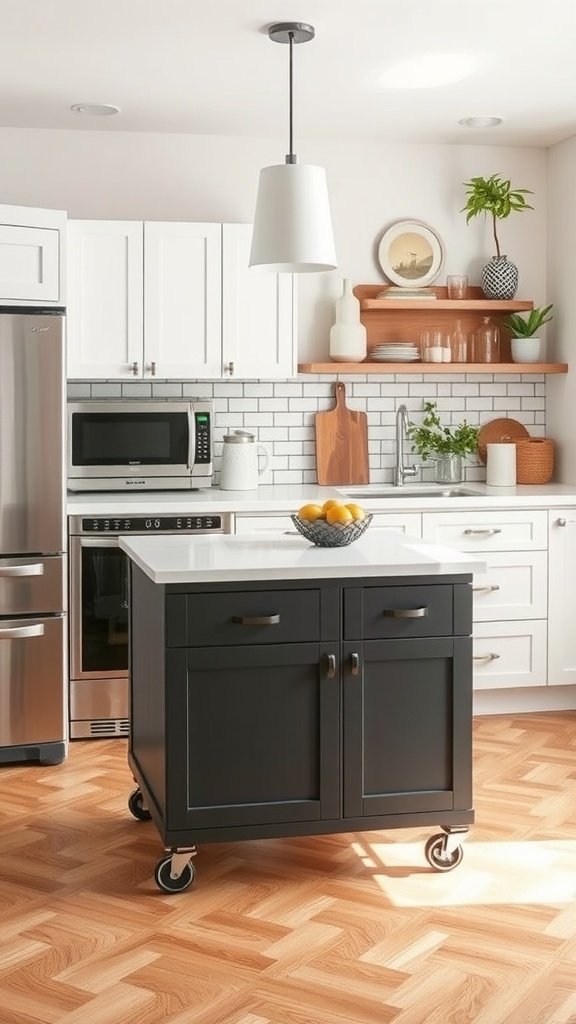 A stylish kitchen featuring a mobile kitchen island on wheels, surrounded by white cabinets and wooden accents.
