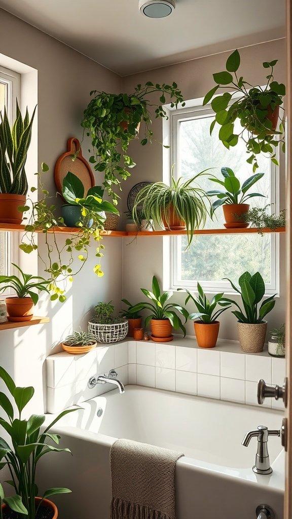 A cozy bathroom with various houseplants on shelves and a bathtub.
