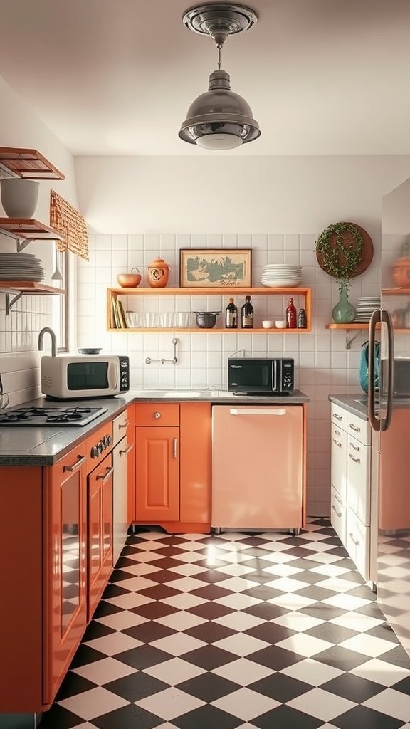 A retro-inspired kitchen with bright orange cabinetry and a checkerboard floor.