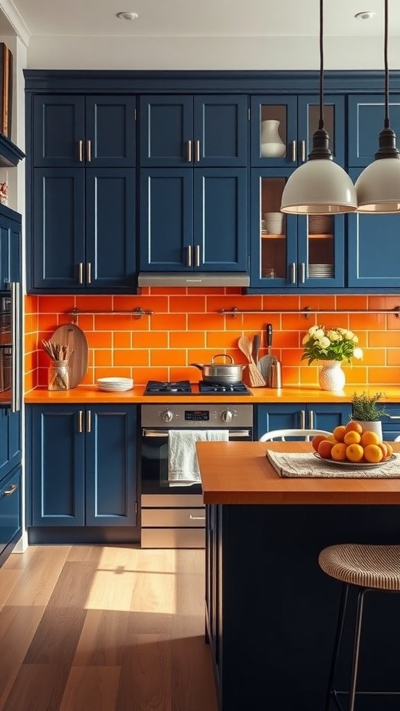 A kitchen with navy blue cabinets and an orange backsplash, featuring a wooden countertop and a bowl of fruits.