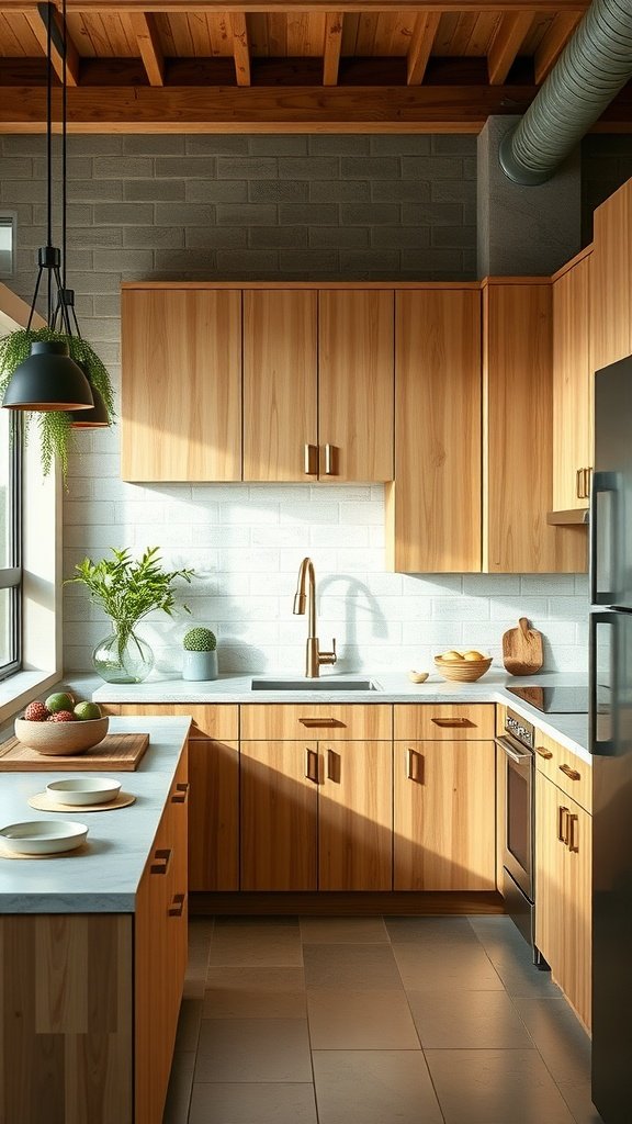 Modern kitchen featuring wooden cabinetry, a sustainable design aesthetic, and greenery.