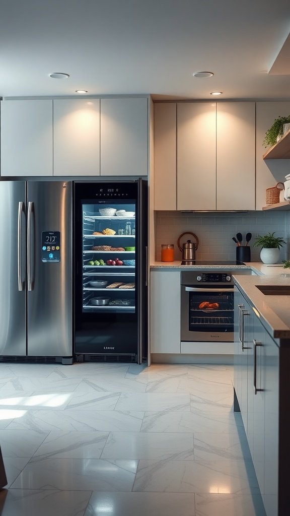 A modern kitchen featuring a smart refrigerator and oven.