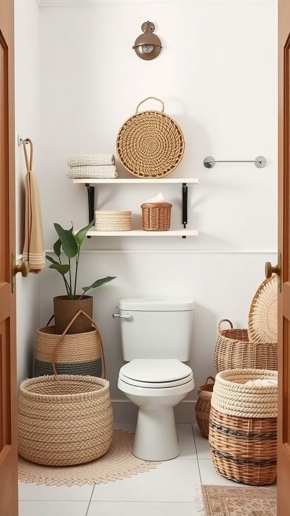 A boho bathroom showcasing woven baskets for storage, with a variety of sizes and styles arranged aesthetically.