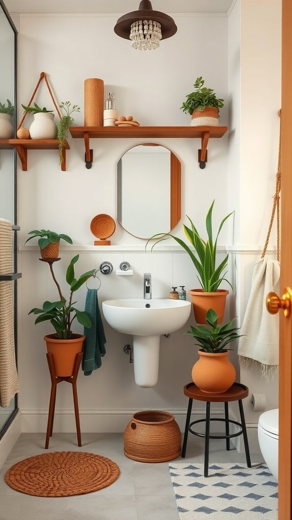 A cozy boho bathroom featuring earthy tones, plants, and natural materials.