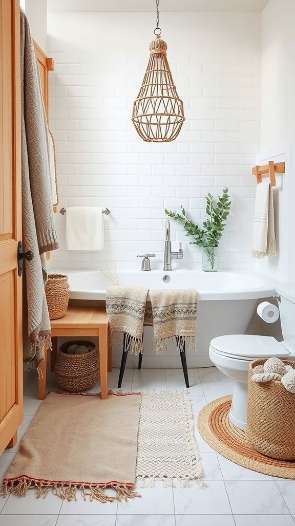 Cozy boho bathroom with layered textiles, woven baskets, and greenery
