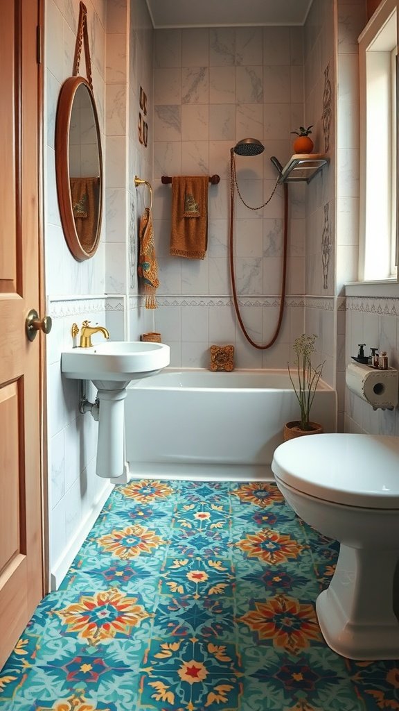 A boho bathroom with colorful tile patterns on the floor, featuring a bathtub, toilet, and decorative items.