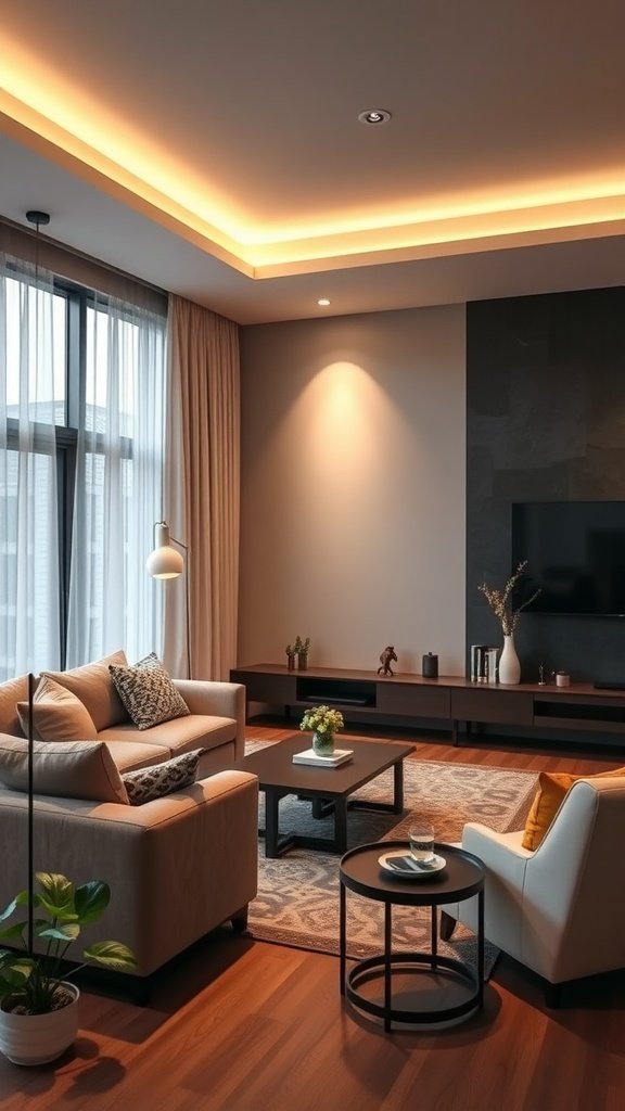 Stylish living room with modern furniture and smart lighting
