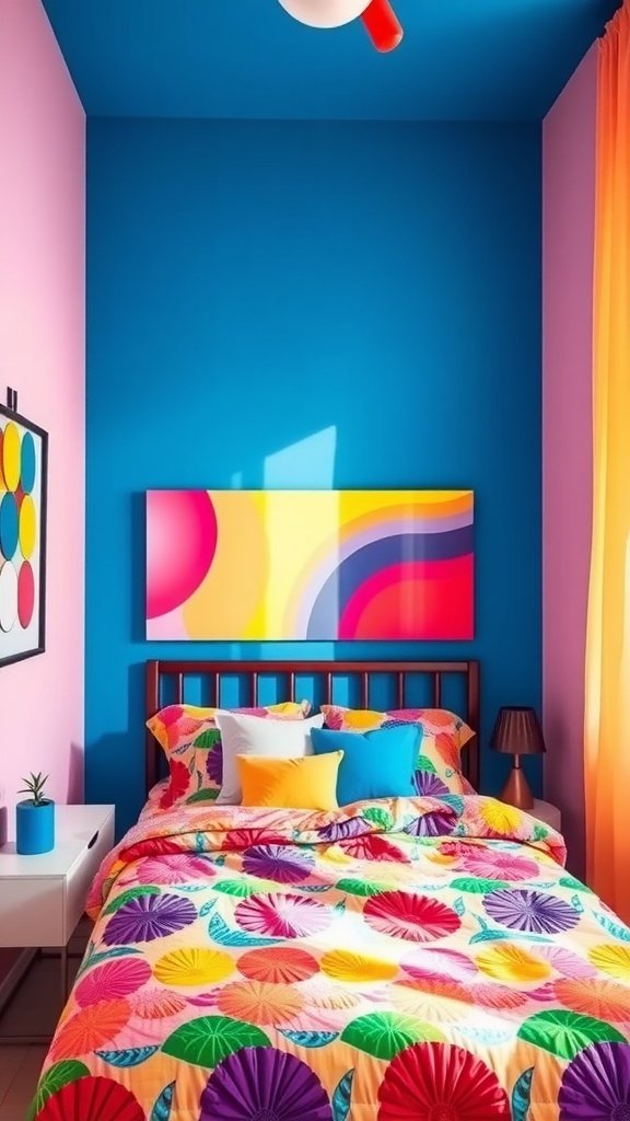 A vibrant bedroom featuring bold blue walls, pink accents, and colorful bedding.