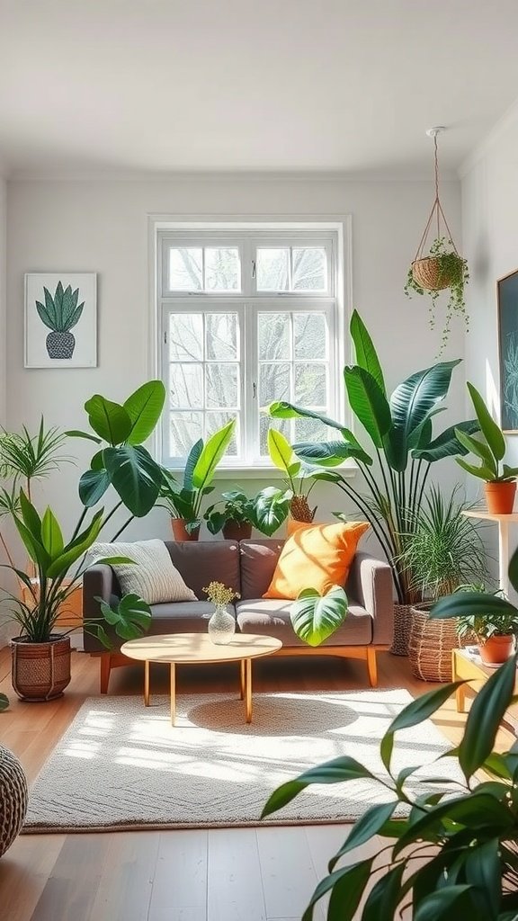 A bright living room filled with various houseplants, a gray sofa with orange cushions, and a wooden coffee table