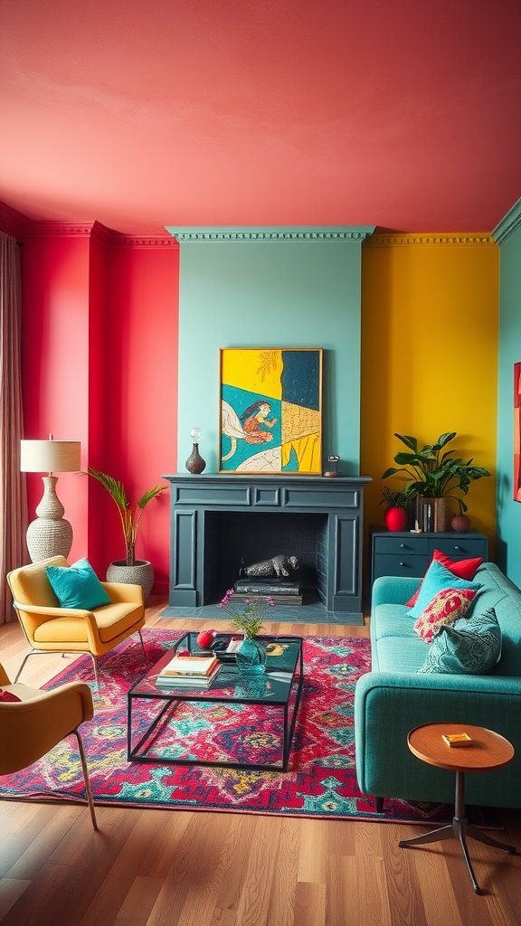 A vibrant living room featuring a mix of teal, yellow, and red colors, with colorful furniture and a patterned rug.