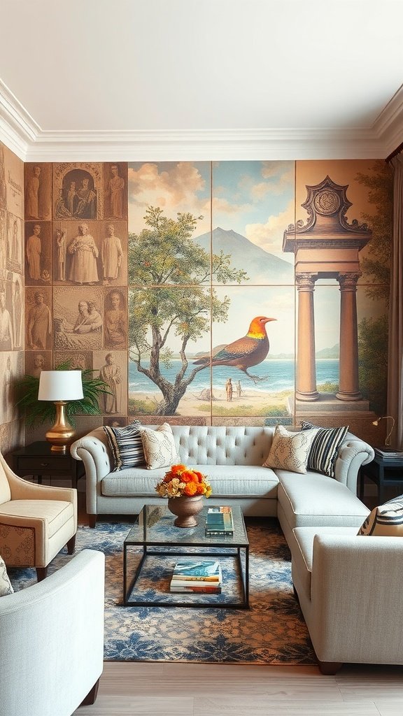 A cozy living room featuring artistic wall treatments with a textured wall and a nature-themed mural.