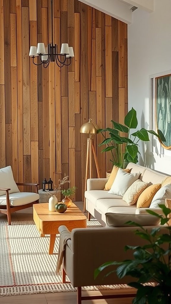 A modern living room featuring a wooden wall, cozy furniture, and decorative plants.