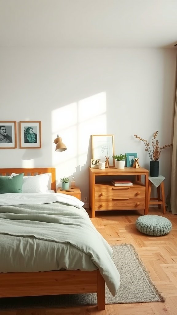 Sage green bedroom featuring natural wood furniture and soft sunlight