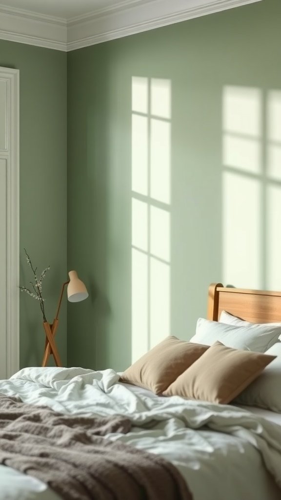A serene bedroom with sage green accent walls, a wooden bed with pillows, and soft natural light.