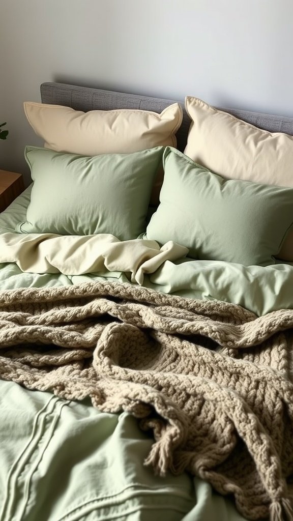 A bed with sage green bedding and beige pillows, featuring a knitted throw.