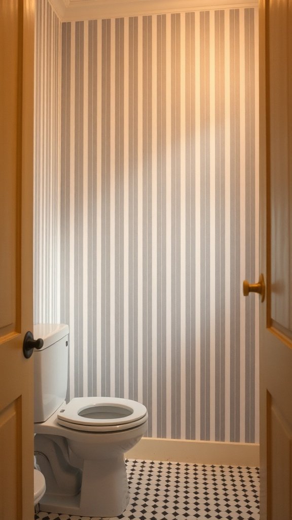 Small bathroom with vertical striped wallpaper and patterned floor.
