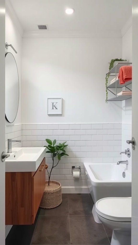 A small bathroom featuring minimalist decor, with a floating vanity, a round mirror, and a potted plant.