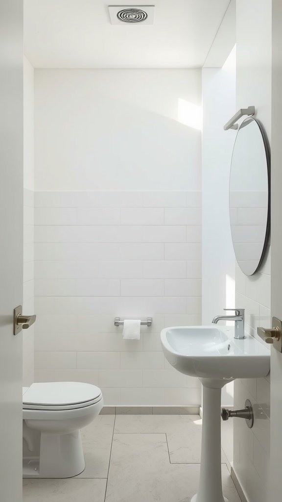 A small bathroom with white walls, a round mirror, and a pedestal sink.