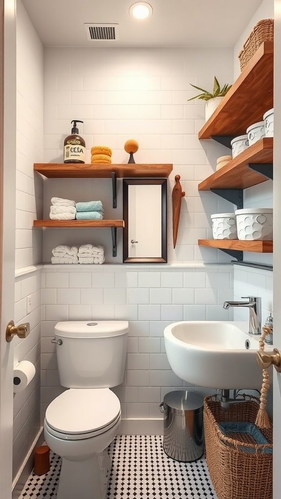 Small bathroom featuring open shelving with neatly arranged towels and storage baskets