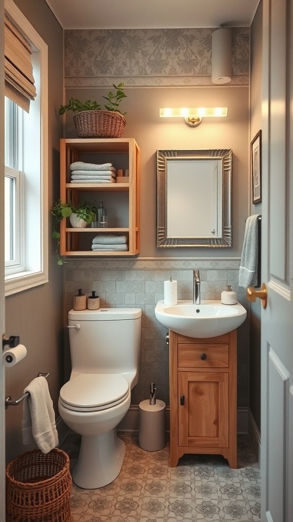 A modern small bathroom with light reflective surfaces, featuring glossy tiles and a mirror.