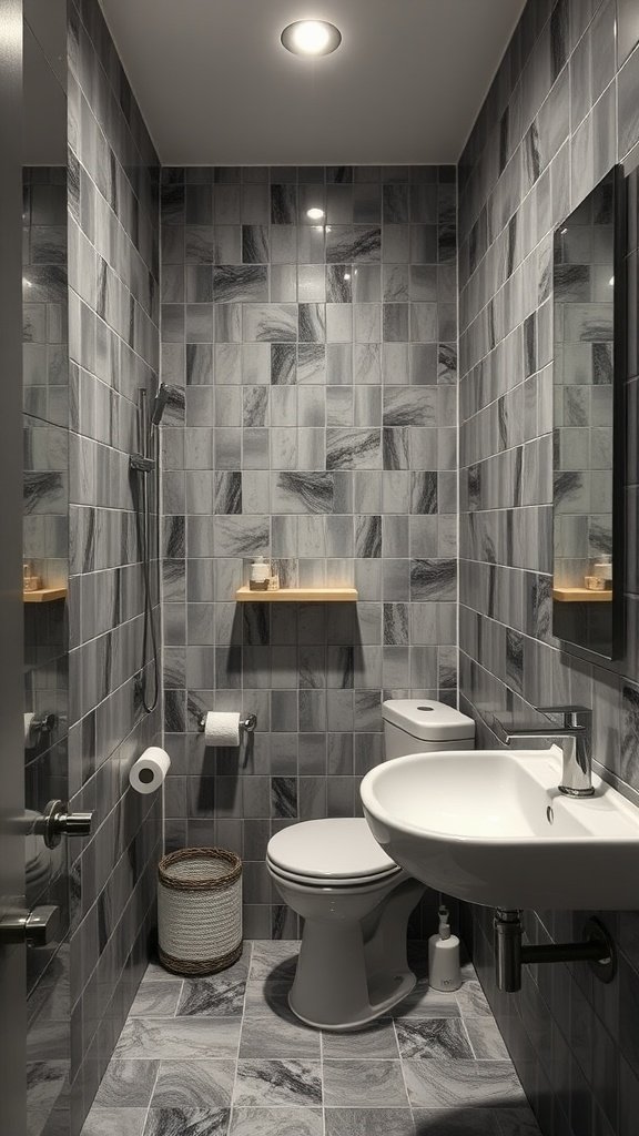 A modern small bathroom with light reflective surfaces, featuring glossy tiles and a mirror.