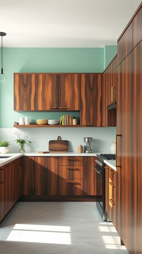 A bright mint kitchen with dark walnut cabinets, featuring gold handles and stylish decor.