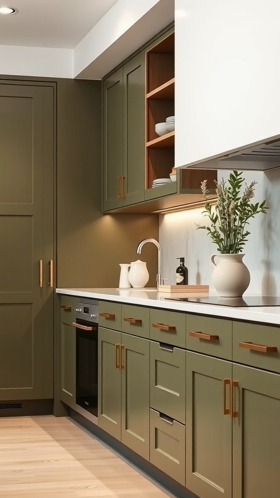 Modern kitchen with olive green cabinets, white countertops, and wooden accents.