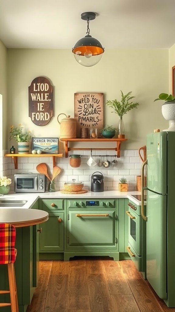 A cozy kitchen featuring earthy green tones, vintage decor, and wooden accents.