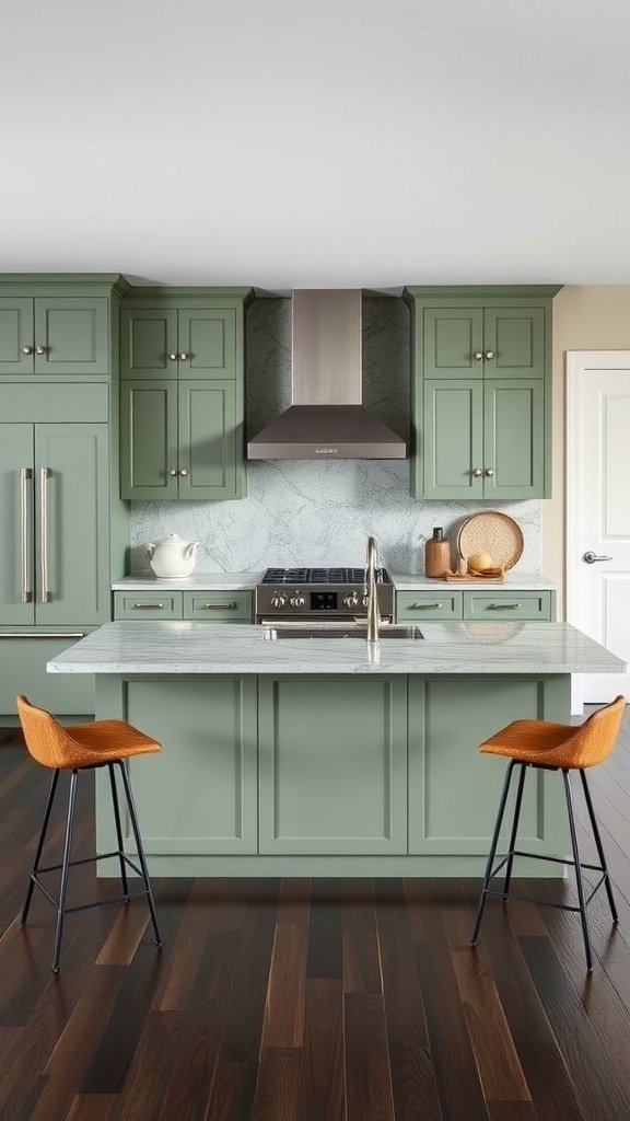 A modern kitchen featuring a sage green island with natural stone countertops and stylish bar stools.