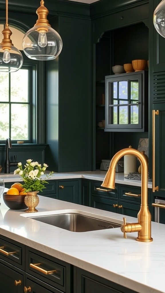 A kitchen featuring dark forest green cabinetry, brass accents, and a white marble countertop.