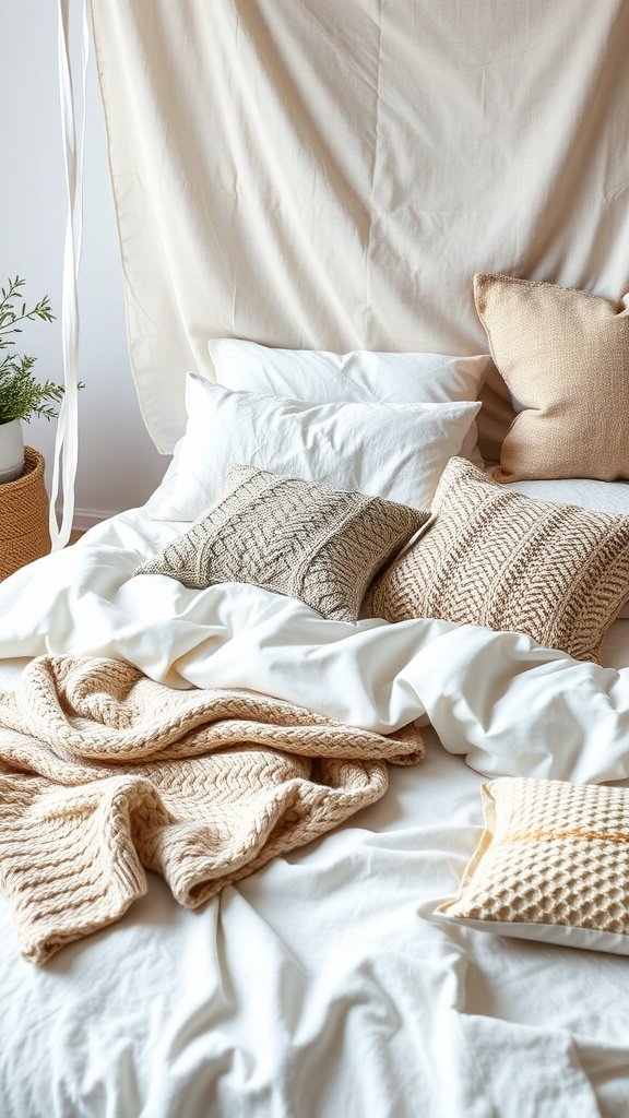 A cozy bed setup featuring a mix of textured fabrics, including blankets and pillows in neutral colors.