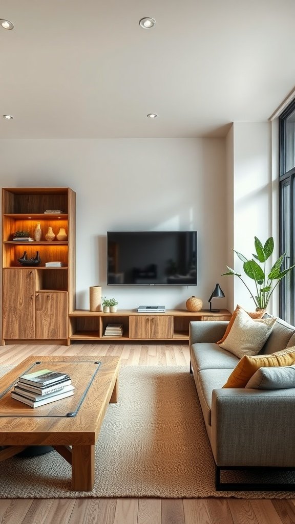 Stylish modern living room featuring rustic wood furniture, neutral colors, and indoor plants.