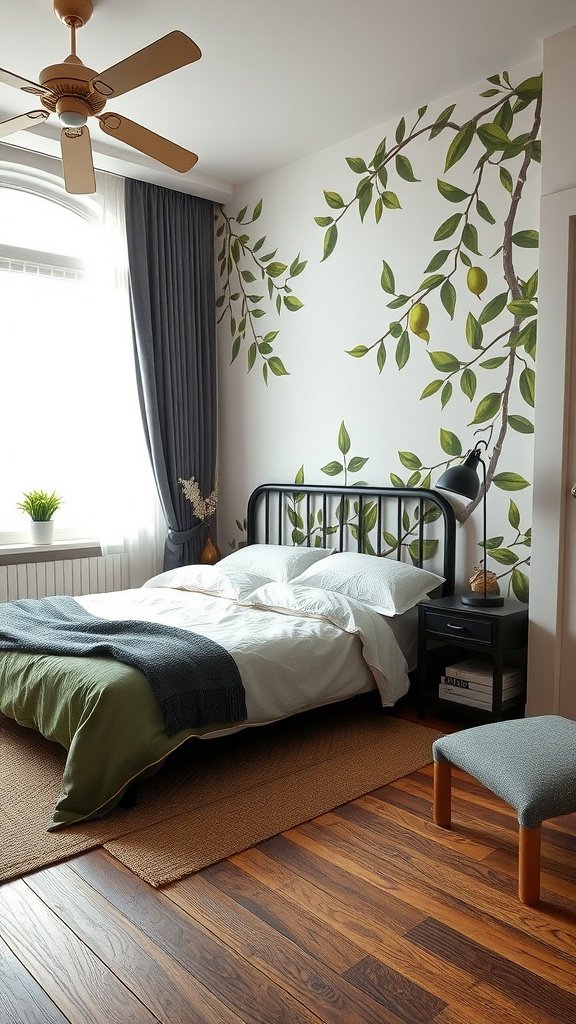 A bedroom featuring an olive green mural with leafy branches, a black bed frame, and warm wooden floors.