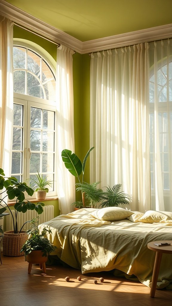 A bright olive green bedroom with large windows allowing natural light in, showcasing plants and a cozy bed.