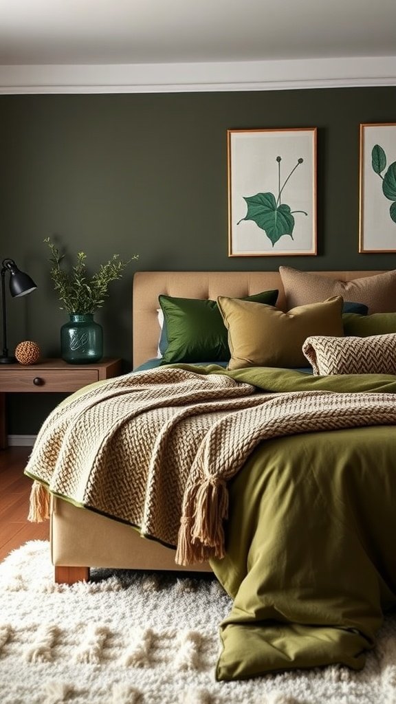 Cozy olive green bedroom featuring textured bedding, a knitted throw, and botanical artwork.