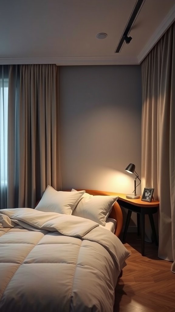 A modern bedroom featuring soft lighting, neutral colors, and a cozy aesthetic.