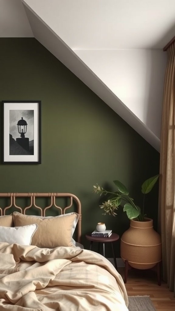 A cozy bedroom featuring a lush olive green accent wall, a rattan bed frame, and natural elements like plants.