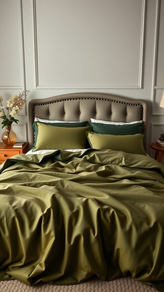 A cozy bedroom featuring olive green bedding, complemented by a tufted headboard and decorative pillows.