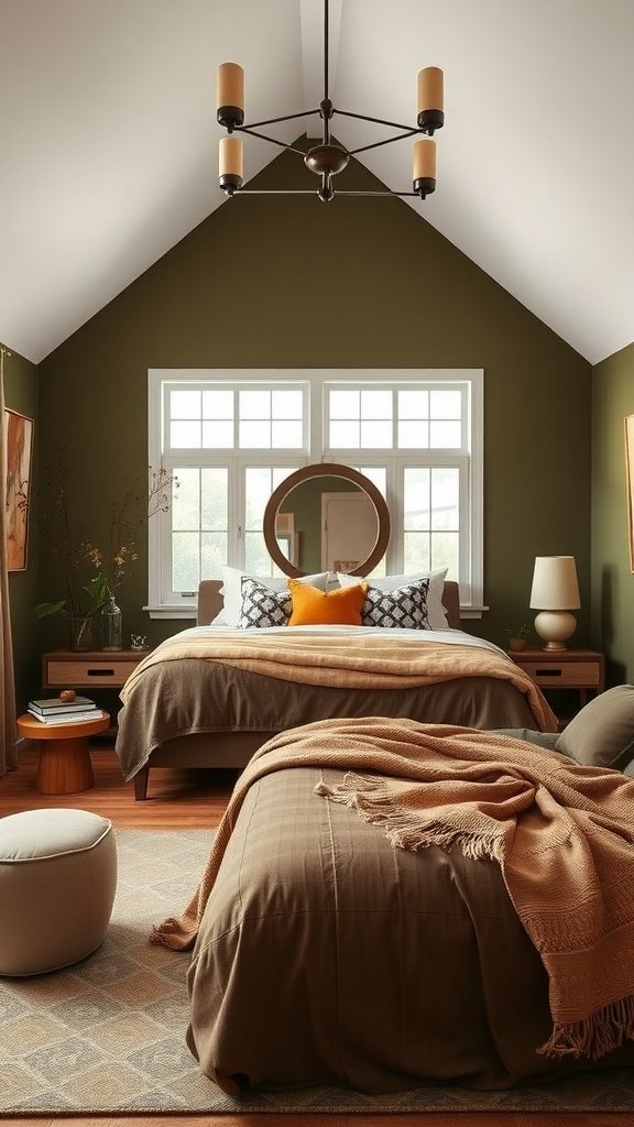 A cozy olive green bedroom featuring earthy tones, wooden furniture, and soft textiles.