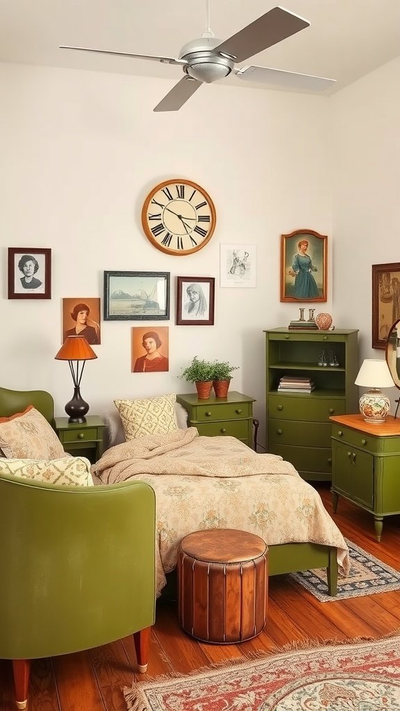 A cozy bedroom featuring olive green vintage furniture, wooden flooring, and eclectic wall art.