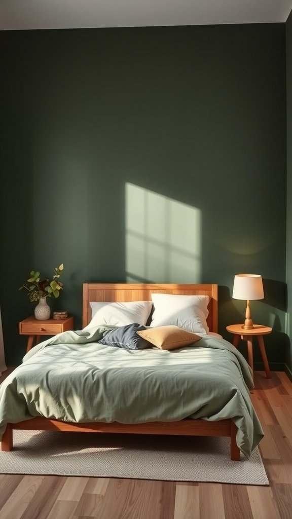A serene Scandinavian-style bedroom featuring olive green walls, a wooden bed, and soft bedding.